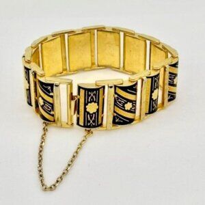 Vintage Damascene Links Bracelet Gold-Tone Metal with Etched Black Floral Motif~